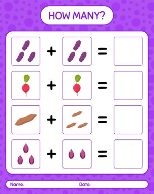 Sebzelerle kaç tane sayma oyunu var? Anaokulu çocukları için çalışma listesi, aktivite listesi, yazdırılabilir çalışma tablosu