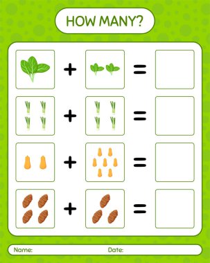 Sebzelerle kaç tane sayma oyunu var? Anaokulu çocukları için çalışma listesi, aktivite listesi, yazdırılabilir çalışma tablosu