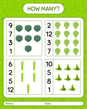 Sebzelerle kaç tane sayma oyunu var? Anaokulu çocukları için çalışma listesi, aktivite listesi, yazdırılabilir çalışma tablosu