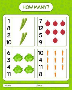 Sebzelerle kaç tane sayma oyunu var? Anaokulu çocukları için çalışma listesi, aktivite listesi, yazdırılabilir çalışma tablosu