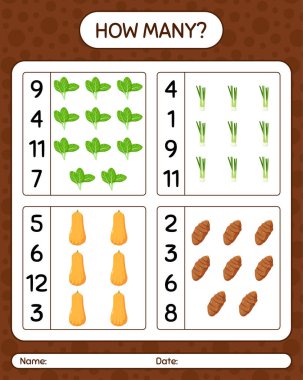 Sebzelerle kaç tane sayma oyunu var? Anaokulu çocukları için çalışma listesi, aktivite listesi, yazdırılabilir çalışma tablosu