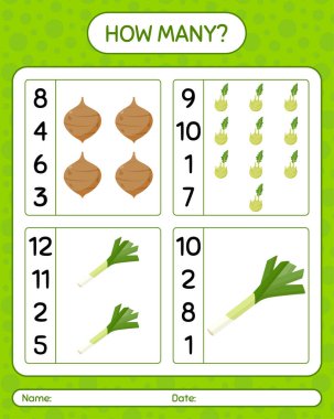 Sebzelerle kaç tane sayma oyunu var? Anaokulu çocukları için çalışma listesi, aktivite listesi, yazdırılabilir çalışma tablosu