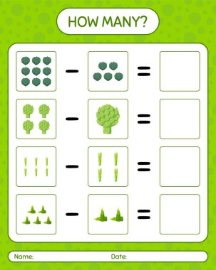Sebzelerle kaç tane sayma oyunu var? Anaokulu çocukları için çalışma listesi, aktivite listesi, yazdırılabilir çalışma tablosu