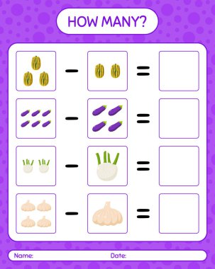 Sebzelerle kaç tane sayma oyunu var? Anaokulu çocukları için çalışma listesi, aktivite listesi, yazdırılabilir çalışma tablosu