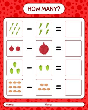 Sebzelerle kaç tane sayma oyunu var? Anaokulu çocukları için çalışma listesi, aktivite listesi, yazdırılabilir çalışma tablosu