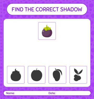 Mangosteen ile doğru gölgeler oyununu bul. Anaokulu öğrencilerinin çalışma listesi, çocukların faaliyet listesi.