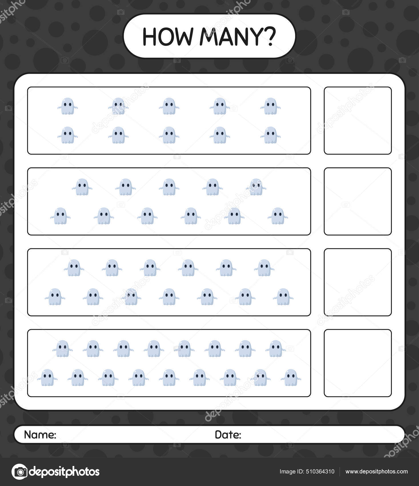 Cuántos Contando Juego Con Fantasma Hoja Trabajo Para Niños Preescolares  Vector de stock #510364310 de ©Halovision, image size:1467x1700