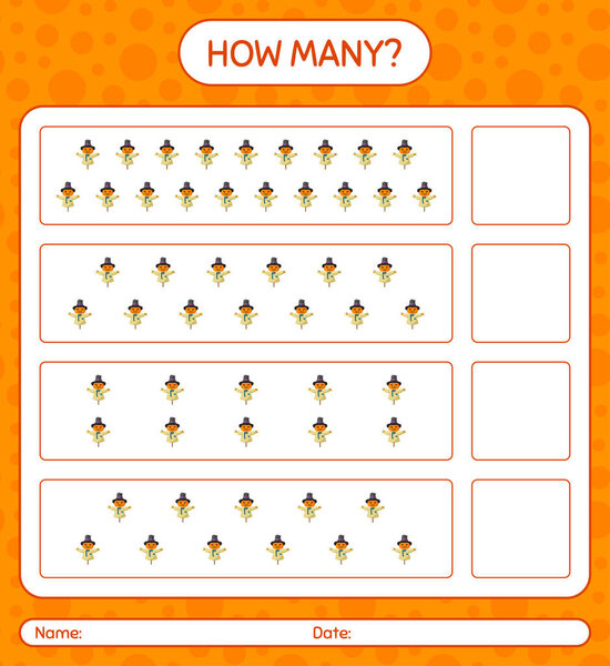 Сколько игр в подсчет с пугалом. рабочий лист для детей дошкольного возраста, лист активности детей