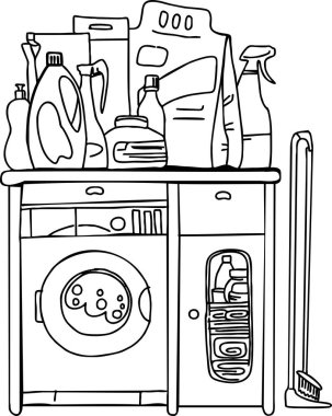 Renklendirme için çizilmiş. Gösterilen, temizlik ve konut dezenfekte etmek için çeşitli kimyasallarla dolu bir evin ev odasının bir parçasıdır..