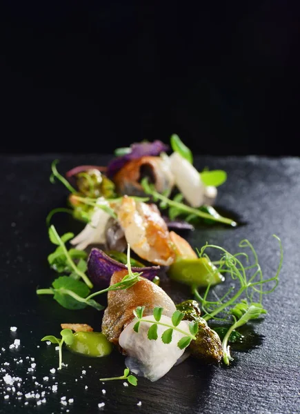 Haute Cuisine Gourmet Food Scallops Asparagus Lardo Bacon — Stock Photo, Image