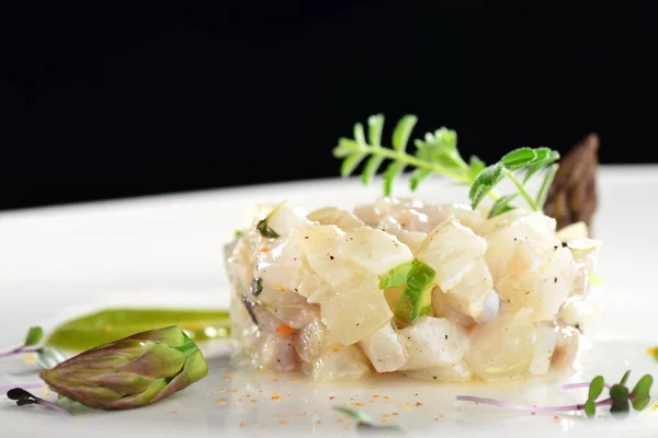 Fine Dining Appetizer Fish Tartare Asparagus — Stock Photo, Image