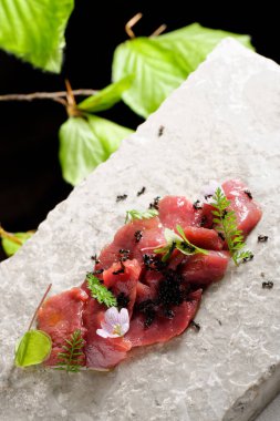 Haute cuisine, geyik eti carpaccio ve karınca eti