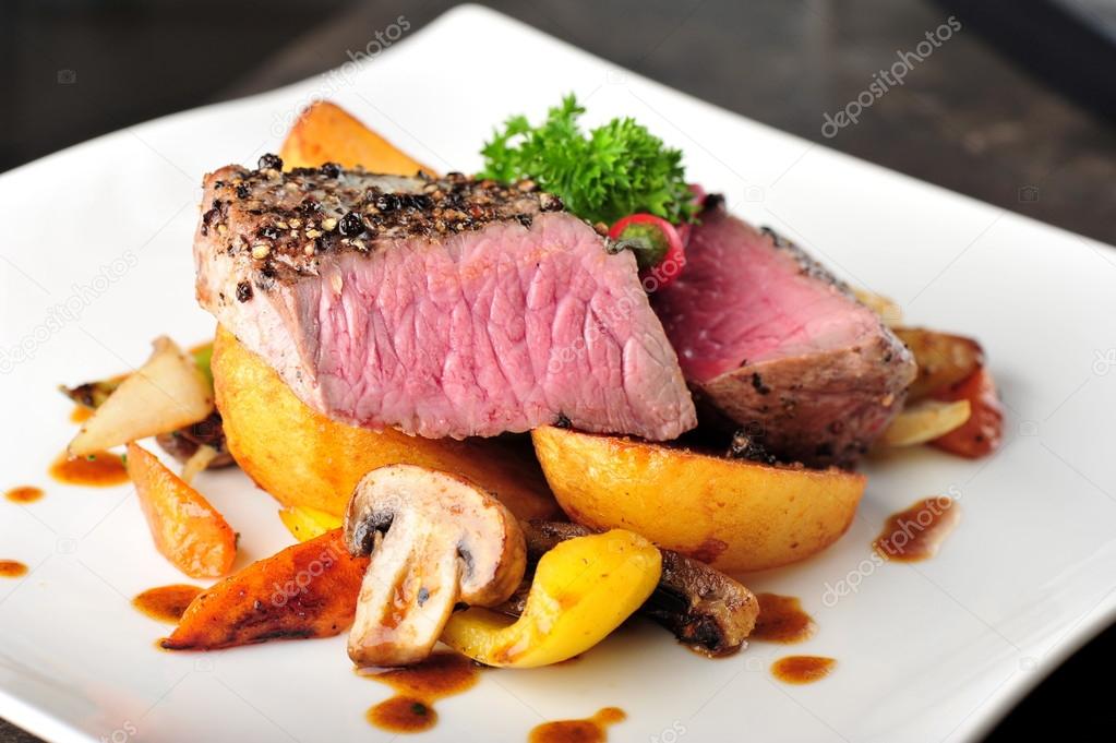 Juicy steak with baked potatoes and mushrooms