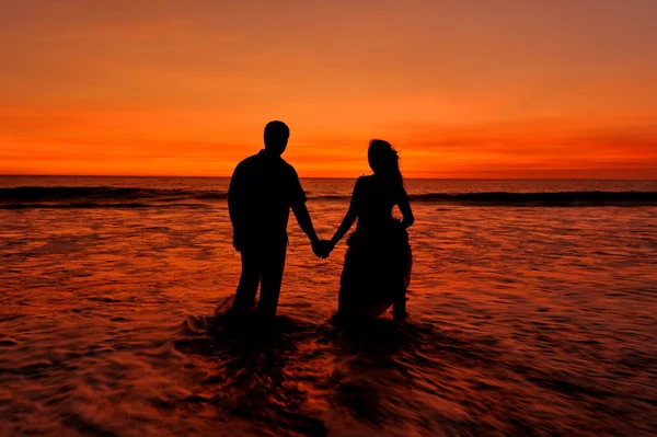 Silhouette d'une mariée et d'un marié — Photo