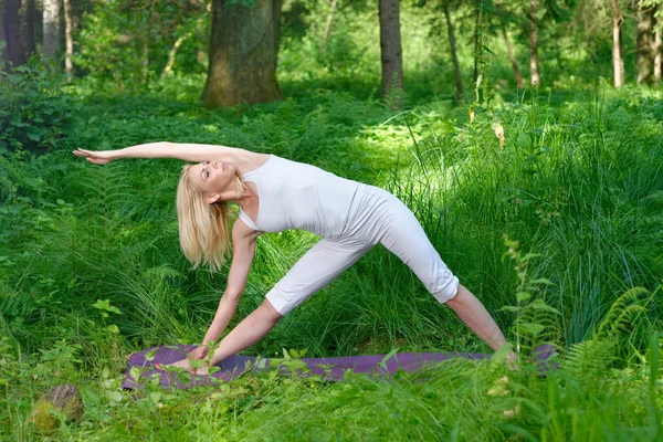 Woman practices yoga in nature — Stock Photo, Image