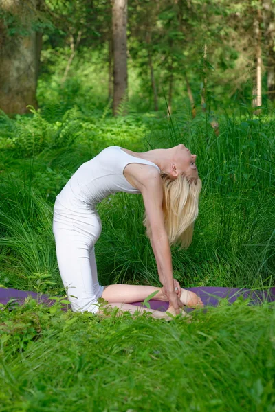 Woman practices yoga in nature — Stock Photo, Image