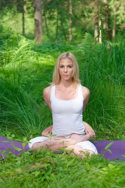 Woman practices yoga in nature — Stock Photo, Image