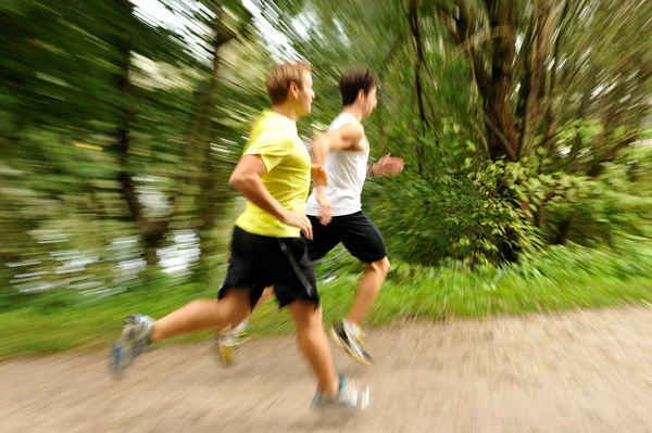 Doi tineri sportivi alergând / alergând în parc Fotografie de stoc
