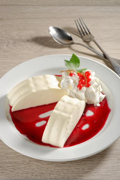 Panna cotta mit Johannisbeersoße — Stockfoto