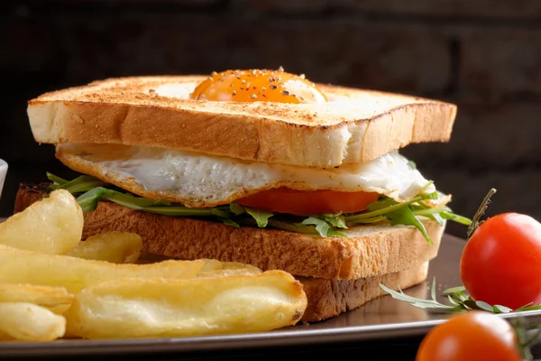 Premie club sandwich met frietjes — Stockfoto