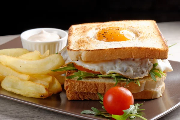Premium club sandwich z frytkami — Zdjęcie stockowe