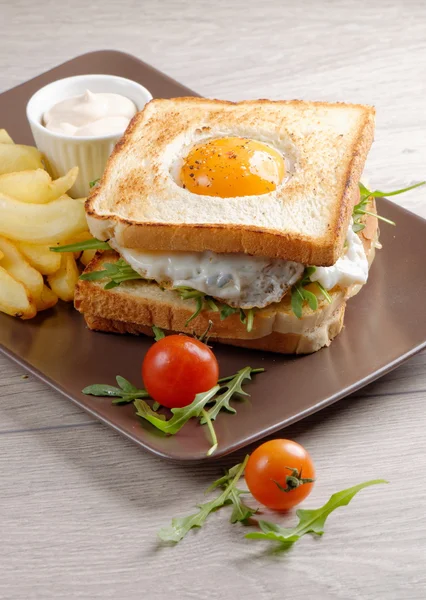 Premie club sandwich met frietjes — Stockfoto