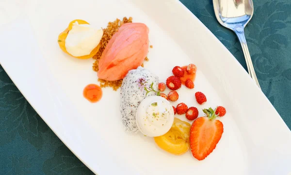 Fine dining dessert, Strawberry ice cream, poppy seed mousse