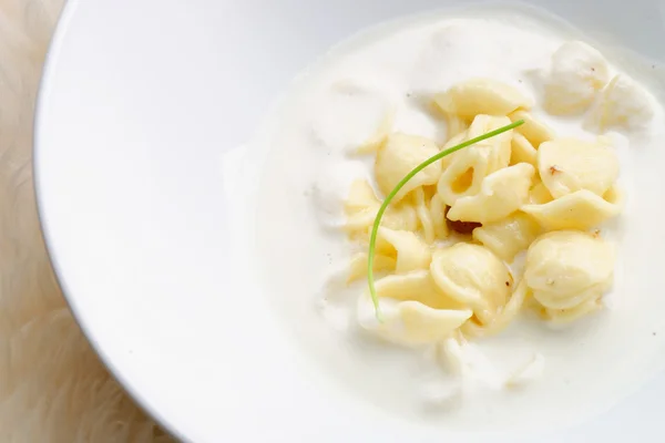 Orecchiette pasta mozzarella ve Parmesan peyniri ile — Stok fotoğraf