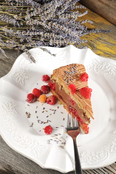 Chocolate mousse cake with raspberries — Stock Photo, Image