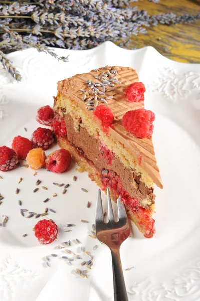 Bolo de mousse de chocolate com framboesas — Fotografia de Stock