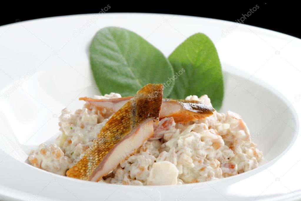 Brown rice risotto with smoked fish