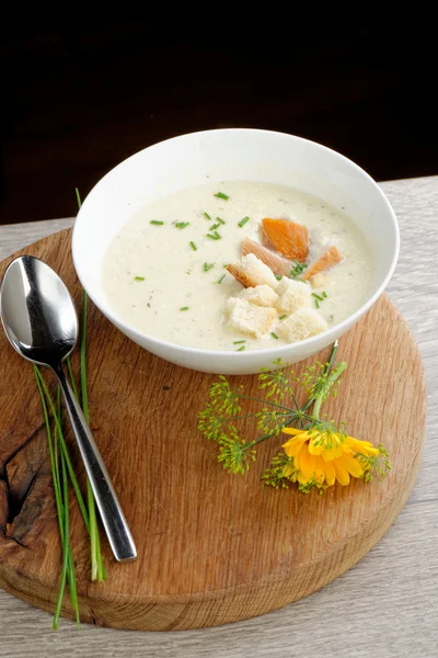 Cheese soup with salmon. — Stock Photo, Image