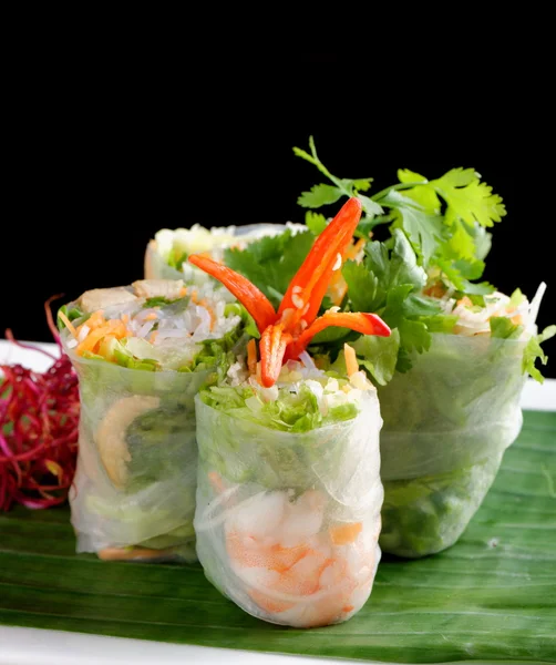 Rolos de salada vietnamita com camarões, frango, ervas — Fotografia de Stock