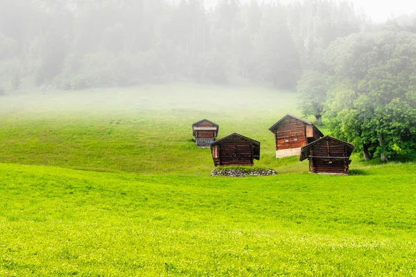 Casas Madera Los Verdes Campos Los Alpes Suizos Una Niebla —  Fotos de Stock