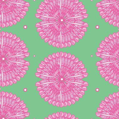 Yeşil arka planda kusursuz karalama el tüyleri var. Vektör çizimi. Giysiler, giysiler ve ev dekorasyonu için harika..