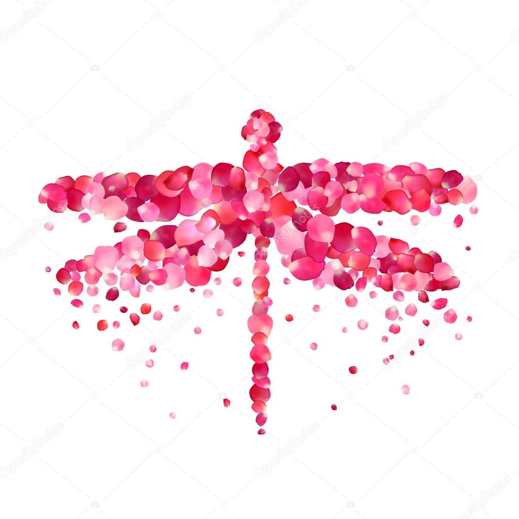 dragonfly of pink rose petals isolated on white