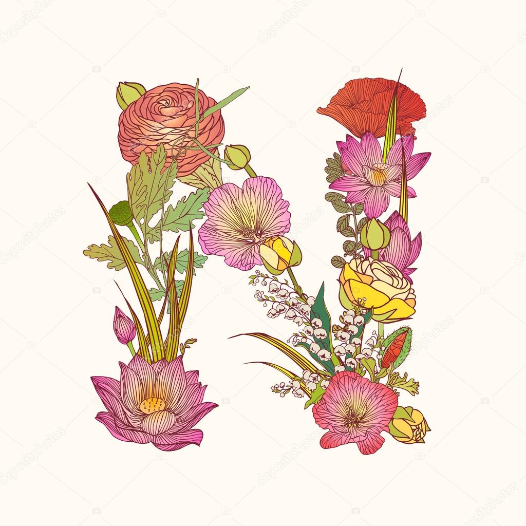 Floral alphabet. Letter N — Stock Vector © Ukususha 101835480