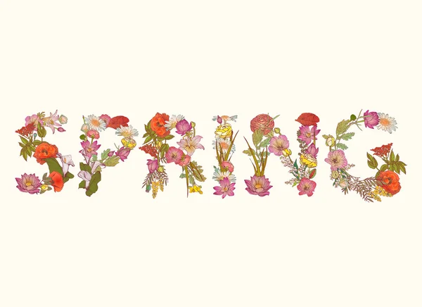 Word voorjaar van kleurrijke bloemen lettertype — Stockvector