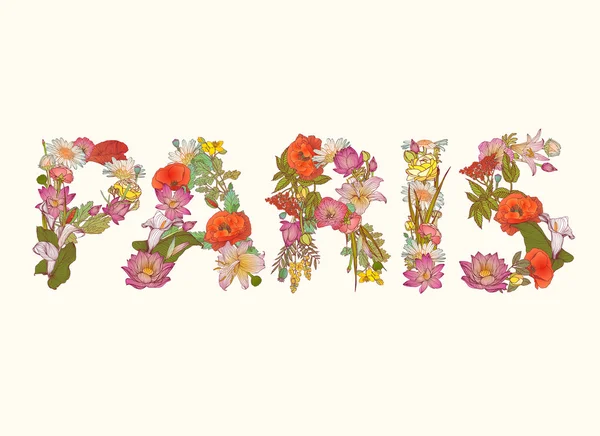 Word Parijs van kleurrijke bloemen lettertype — Stockvector