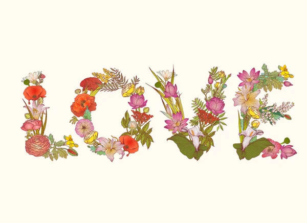 Woord liefde van kleurrijke bloemen lettertype — Stockvector