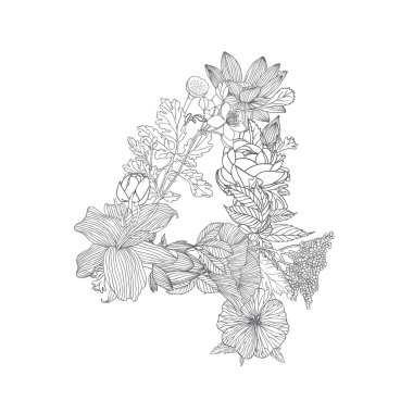 Doğrusal siyah üzerine beyaz çiçek sayısal rakam 4