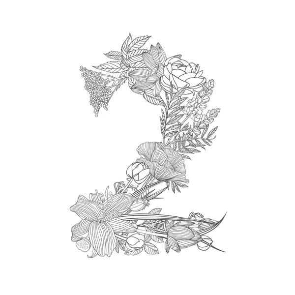 Figura numeral floral lineal negro sobre blanco 2 — Vector de stock
