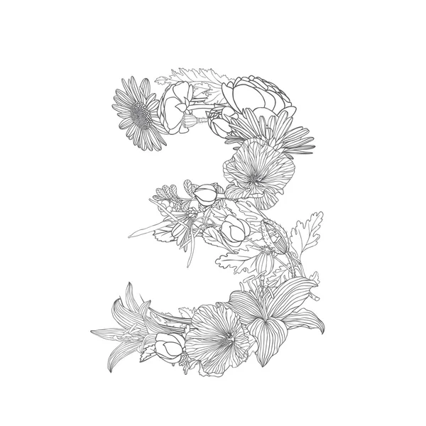 Chiffre floral linéaire noir sur blanc 3 — Image vectorielle