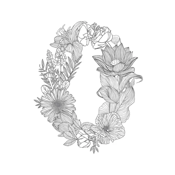 Chiffre floral linéaire noir sur blanc 0 — Image vectorielle