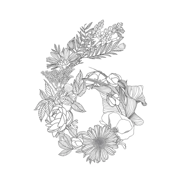 Figura numeral floral lineal negro sobre blanco 6 — Archivo Imágenes Vectoriales