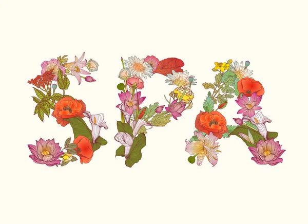 Palabra "SPA" de letras de flores. Vector ilustración detallada — Archivo Imágenes Vectoriales