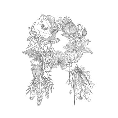 Doğrusal siyah beyaz çiçekli alfabe üzerinde. R Harfi