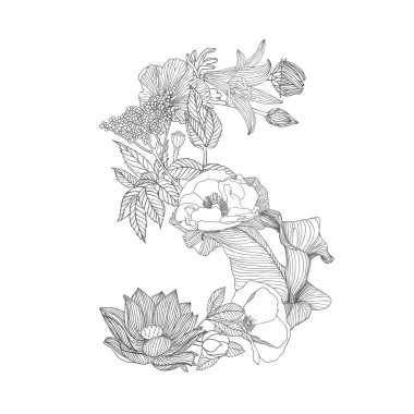 Doğrusal siyah beyaz çiçekli alfabe üzerinde. S harfi