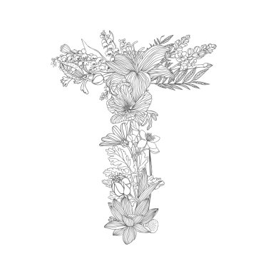 Doğrusal siyah beyaz çiçekli alfabe üzerinde. T harfi