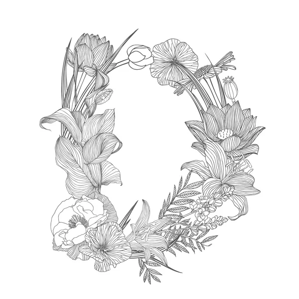 Negro lineal sobre blanco Alfabeto floral. Letra D — Archivo Imágenes Vectoriales
